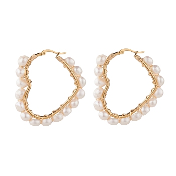 Natural Pearl Wire Wrapped Heart Big Hoop Earrings for Women, Golden, White, 46x44.5x6.5mm, Pin: 0.7mm