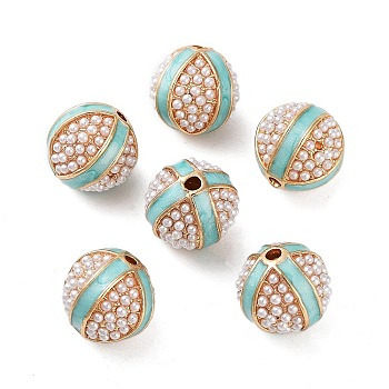 Alloy Enamel Beads, with ABS Imitation Pearl, Golden. Round, Pale Turquoise, 13.5x13.5mm, Hole: 2mm