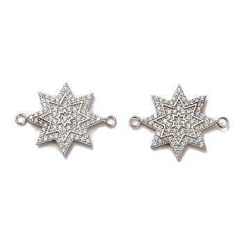 925 Sterling Silver Connector Charms, with Clear Cubic Zirconia, Star, Real Platinum Plated, 16.5x20.5x1.7mm, Hole: 1mm