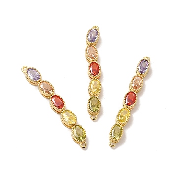 Rack Plating Brass Colorful Cubic Zirconia Connector Charms, Cadmium Free & Lead Free, Oval Links, Real 18K Gold Plated, 40.5x5x3.5mm, Hole: 1.2mm