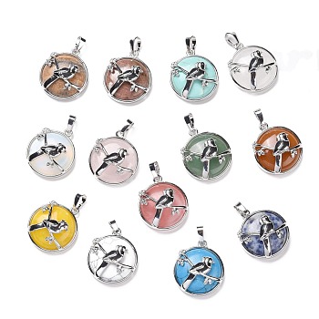 Natural & Synthetic Gemstone Pendants, with Platinum Plated Brass Findings, Flat Round with Magpie, Cadmium Free & Lead Free, Mixed Dyed and Undyed, 26.5~27x23.5x10mm, Hole: 5x8mm