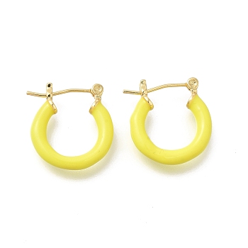 Brass Enamel Hoop Earrings for Women, Flat Round, Light Gold, Yellow, 20x19.5x4mm, Pin: 0.8mm