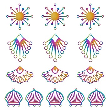 8Pcs 4 Style Ion Plating(IP) 201 Stainless Steel Pendants, Laser Cut, Scallop Shell Shape & Flower & Fan, Rainbow Color, 26~40x24.5~37x1mm, Hole: 1.5~3.5mm, 2pcs/style