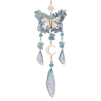 Natural Aquamarine and Resin Pendant Decorations, with Alloy Findings, Butterfly, Sky Blue, 275mm