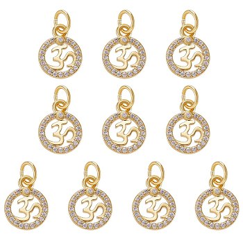 10Pcs Brass Micro Pave Clear Cubic Zirconia Charms, with Jump Rings, Long-Lasting Plated, Flat Round with Ohm/Aum, Golden, 11x9x1.5mm, Hole: 3.7mm