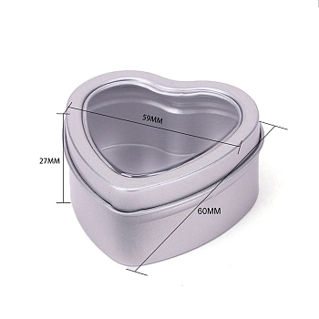 Tinplate Tins Gift Boxes with Clear Window Lid, Heart Storage Box, Silver, 6x5.9x2.7cm
