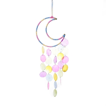 Suede Wrap Iron Moon Hanging Ornaments, Dyed Natural Shell Tassel for Home Living Room Bedroom Wall Decorations, Colorful, 670mm