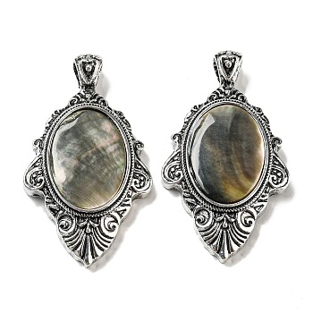 Natural Black Lip Shell Big Pendants, Antique Silver Plated Alloy Oval Charms, 55x31.5x8.5mm, Hole: 7x5mm