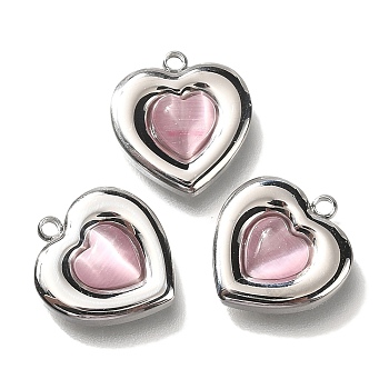 Cat Eye Charms, with 304 Stainless Steel Findings, Heart, Stainless Steel Color, 14x13x3.5mm, Hole: 1.4mm