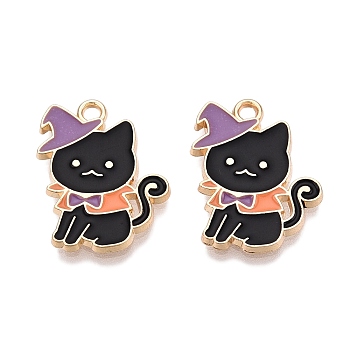 Halloween Theme Rack Plating Alloy Enamel Pendants, Golden, Cat with Hat Charm, Black, 19x15.5x1.5mm, Hole: 1.6mm