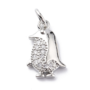 Brass Micro Pave Cubic Zirconia Charms, with Jump Ring, Penguin Charms, Platinum, 14.5x9.5x2.5mm, Hole: 3mm