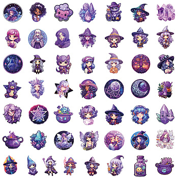50Pcs Witch PVC Waterproof Self-adhesive Cartoon Stickers, for Suitcase, Skateboard, Refrigerator, Helmet, Mobile Phone Shell, Purple, 40~80mm