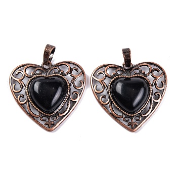 Natural Obsidian Peach Love Heart Pendants, Rack Plating Brass Hollow Heart Charms, Cadmium Free & Lead Free, Red Copper, 29.5x30.5x7.5mm, Hole: 7.5x5mm
