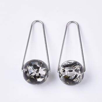 Transparent Resin Pendants, with 304 Stainless Steel Triangle Rings, Round, Stainless Steel Color, Black, 47x18mm, Triangle Ring: 1mm thick, Bead: 16mm