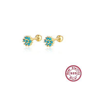Real 18K Gold Plated 925 Sterling Silver Flower Stud Earrings, with Cubic Zirconia, Deep Sky Blue, 5mm
