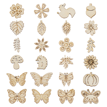 Wood Cabochons, Laser Cut Wood Shapes, Unfinished Wooden Embellishments, DIY Decoration Accessories, Mixed Shapes, BurlyWood, 17~27x9~39.5x2~2.5mm, about 300pcs/set