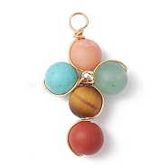 Natural Frosted Mixed Gemstone Pendants, Eco-Friendly Light Gold Plated Copper Wire Wrapped Cross Charms, Mixed Dyed and Undyed, 37x21x9mm, Hole: 4mm(PALLOY-JF02227-01)