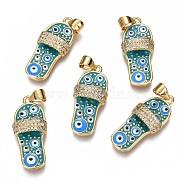 Brass Micro Pave Clear Cubic Zirconia Pendants, Long-Lasting Plated, Real 18K Gold Plated, with Enamel, Slipper with Eye Pattern, Cyan, 24.7x11x4.9mm, Hole: 3.3X3.7mm(ZIRC-B002-31G-B)