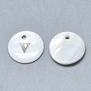 Natural White Shell Mother of Pearl Shell Charms, with Iron Sticker, Flat Round with Letter, Letter.V, 13x2mm, Hole: 1.5mm(X-SSHEL-N036-053V)
