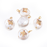 Natural Cultured Freshwater Pearl Pendants, with Brass Cubic Zirconia Findings, Nuggets with Star, Golden, Colorful, 17~26x11~16x5~11mm, Hole: 1.6~2mm(PEAR-E013-29E)
