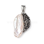 Natural Baroque Keshi Pearl Pendants, Freshwater Pearl Nuggets Charms, with Cubic Zirconia, Black, 19~32x16.5~28x6~11mm, Hole: 8X4.5mm(ZIRC-K089-17B)