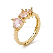 Rack Plating Brass Cubic Zirconia Cuff Rings for Women, Heart Long-Lasting Plated Open Ring, Lead Free & Cadmium Free, Real 18K Gold Plated, Lavender Blush, 2.5mm, Inner Diameter: US Size 7(17.3mm), Heart: 17.5x7mm(RJEW-M145-23G-B)