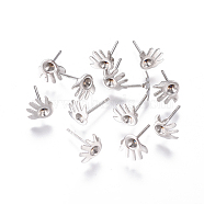 304 Stainless Steel Ear Stud Components, For Pointed Back Rivoli Rhinestone, Palm, Stainless Steel Color, Fit For 3mm Rhinestone, 8x9mm, Pin: 0.8mm(STAS-F222-044)
