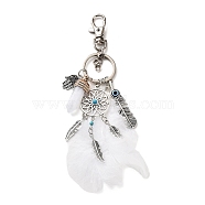 Alloy & Glass Pendant Keychain, with Iron Key Ring, Feather Tassel, Woven Net/Web with Feather & Bullet & Hamsa Hand, White, 10cm(FEAT-PW0001-096A)