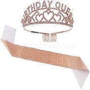 Alloy Crown, with Rhinestone, Composite Fabric Tape, Party Supplies, BIRTHDAY QUEEN, Light Coral, Crown: 49x126x150mm, Tape: 1540x95x0.8mm, Safety Pins: 30x7x3mm, Pin: 0.5mm.(AJEW-WH0017-32)