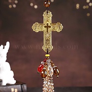 Cross with Tassel Glass Pendant Decorations, for Interior Car Mirror Hanging Decorations, Gold, 320mm(AUTO-PW0001-22C)