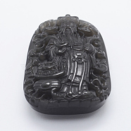 Carved Natural Obsidian Big Pendants, God of Wealth, 52x38x16mm, Hole: 1.5mm(G-E428-21)