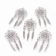 Tibetan Style Alloy Pendants, Woven Net/Web with Feather, Cadmium Free & Lead Free, Big Pendants, Antique Silver, 63x28x1.5mm, Hole: 2mm(TIBE-Q054-14AS-RS)