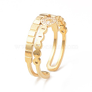 Crystal Rhinestone Donut Open Cuff Ring, Ion Plating(IP) 304 Stainless Steel Jewelry for Women, Real 18K Gold Plated, Inner Diameter: 17mm(RJEW-I096-21G)