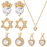8Pcs 4 Style Brass Micro Pave Cubic Zirconia Pendants, Cadmium Free & Lead Free, Long-Lasting Plated, Clear, Heart with Crown & Star of David & Flat Round, Real 18K Gold Plated, 14~19x10~14x5~7mm, Hole: 2~4mm, 2pcs/style(KK-BC0010-33)