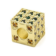 Rack Plating Brass Cubic Zirconia European Beads, Large Hole Beads, Long-Lasting Plated, Cadmium Free & Lead Free, Cube, Real 18K Gold Plated, 10.5x10.5x10.5mm, Hole: 4.5mm(KK-Q784-38G)
