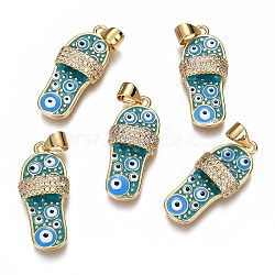 Brass Micro Pave Clear Cubic Zirconia Pendants, Long-Lasting Plated, Real 18K Gold Plated, with Enamel, Slipper with Eye Pattern, Cyan, 24.7x11x4.9mm, Hole: 3.3X3.7mm(ZIRC-B002-31G-B)