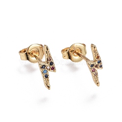 Brass Micro Pave Cubic Zirconia Flash Stud Crawler Earrings, Climber Earrings, Lightning Bolt, Golden, Colorful, 10x3.4x1.4mm, Pin: 0.7mm(EJEW-L224-24G)