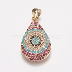 Brass Micro Pave Cubic Zirconia Pendants, teardrop, Colorful, Golden, 26x15.5x2mm, Hole: 3.5x4mm(ZIRC-E143-54G)