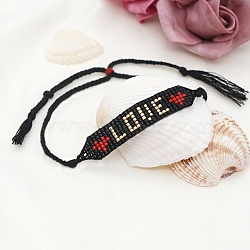 Glass Seed Wide Band With Word Love Heart Friendship Link Bracelet for Women, Black, 11 inch(28cm)(BJEW-P269-12)