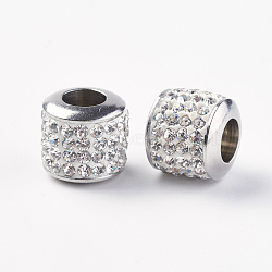 304 Stainless Steel European Beads, with Grade A Rhinestone, Large Hole Beads, Barrel, Crystal, 10x9.5mm, Hole: 5mm(STAS-E142-04P)