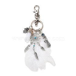 Alloy & Glass Pendant Keychain, with Iron Key Ring, Feather Tassel, Woven Net/Web with Feather & Bullet & Hamsa Hand, White, 10cm(FEAT-PW0001-096A)