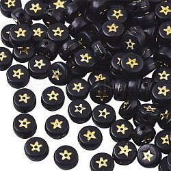 Opaque Acrylic Beads, Flat Round with Star, Black, Golden Plated, 7x4mm, Hole: 1.5mm, about 1800pcs/250g(PACR-SZ0001-004B-02A)
