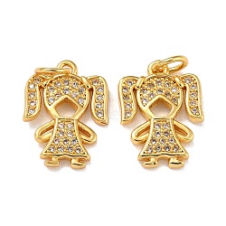 Brass Micro Pave Cubic Zirconia Charms, with Jump Ring, Real 18K Gold Plated, Girl, Clear, 15.5x11x2mm, Jump Ring: 5x0.8mm, Inner Diameter: 3.2mm(ZIRC-A021-54G-B)