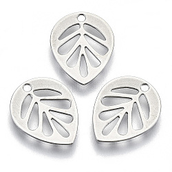 201 Stainless Steel Charms, Laser Cut, Hollow, Leaf, Stainless Steel Color, 13x10.5x0.5mm, Hole: 1.2mm(X-STAS-R116-025)