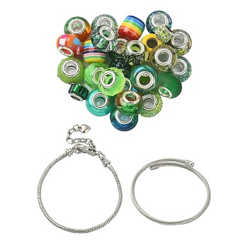 DIY European Style Bracelet Making Kits, Including Acrylic & Resin & Polymer Clay Rhinestone European Beads, Alloy & Brass Cuff Bangles Makings, Green, 56Pcs/set