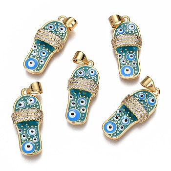 Brass Micro Pave Clear Cubic Zirconia Pendants, Long-Lasting Plated, Real 18K Gold Plated, with Enamel, Slipper with Eye Pattern, Cyan, 24.7x11x4.9mm, Hole: 3.3X3.7mm