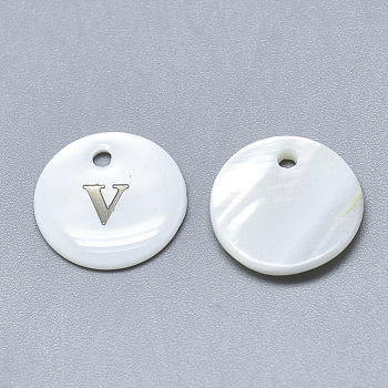 Natural White Shell Mother of Pearl Shell Charms, with Iron Sticker, Flat Round with Letter, Letter.V, 13x2mm, Hole: 1.5mm
