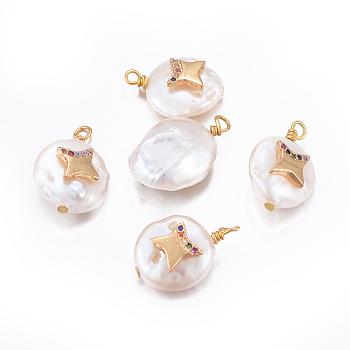 Natural Cultured Freshwater Pearl Pendants, with Brass Cubic Zirconia Findings, Nuggets with Star, Golden, Colorful, 17~26x11~16x5~11mm, Hole: 1.6~2mm
