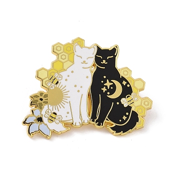 Hive Black Cat White Cat Alloy Enamel Pin Brooch, for Backpack Clothes, Yellow, 40.5x51x2mm