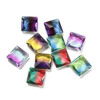 Glass Cabochons, Pointed Back, Faceted, Square, Mixed Color, 10x10x4.5mm